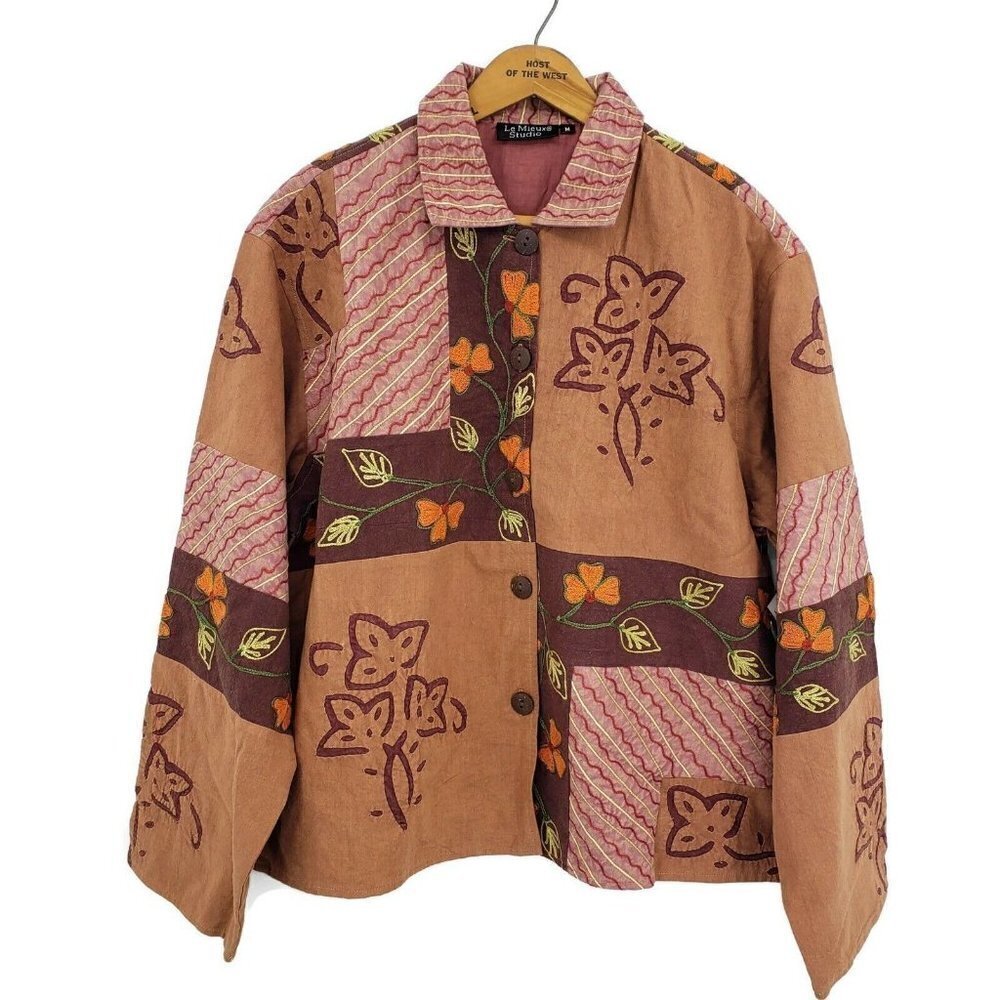 New Le Mieux Studio Jacket Overshirt Womens Medium Art to Wear Applique